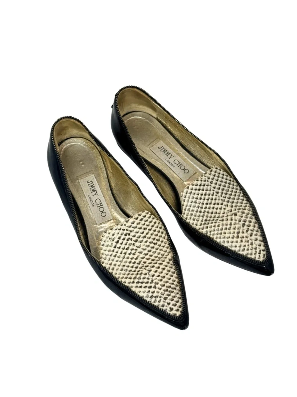 Jimmy Choo Black Patent Leather Snakeskin Pointed Toe Flat Size 35 Silver Logo